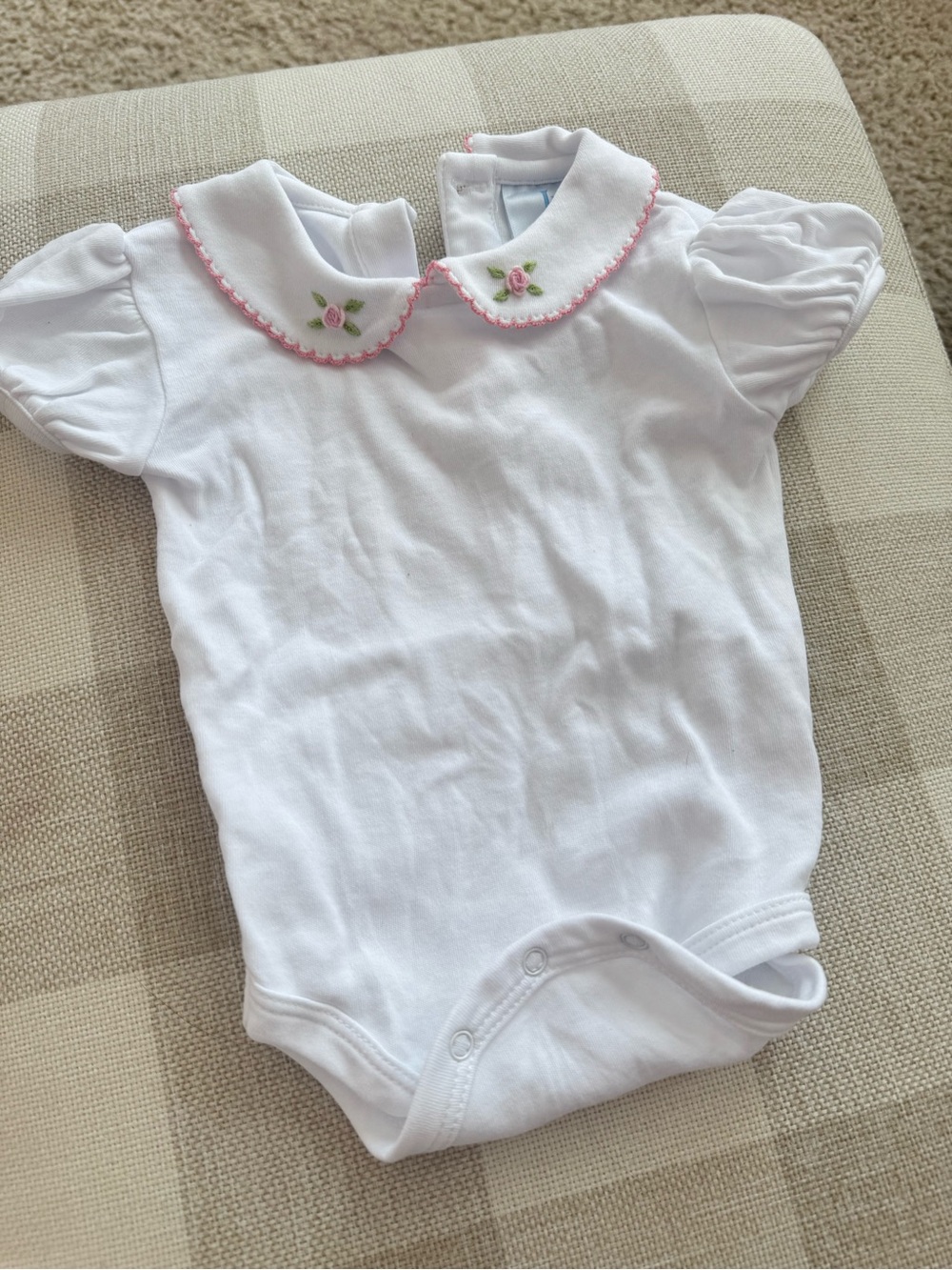 Little English White Bodysuit with Pink Trim and Rose Embroidery